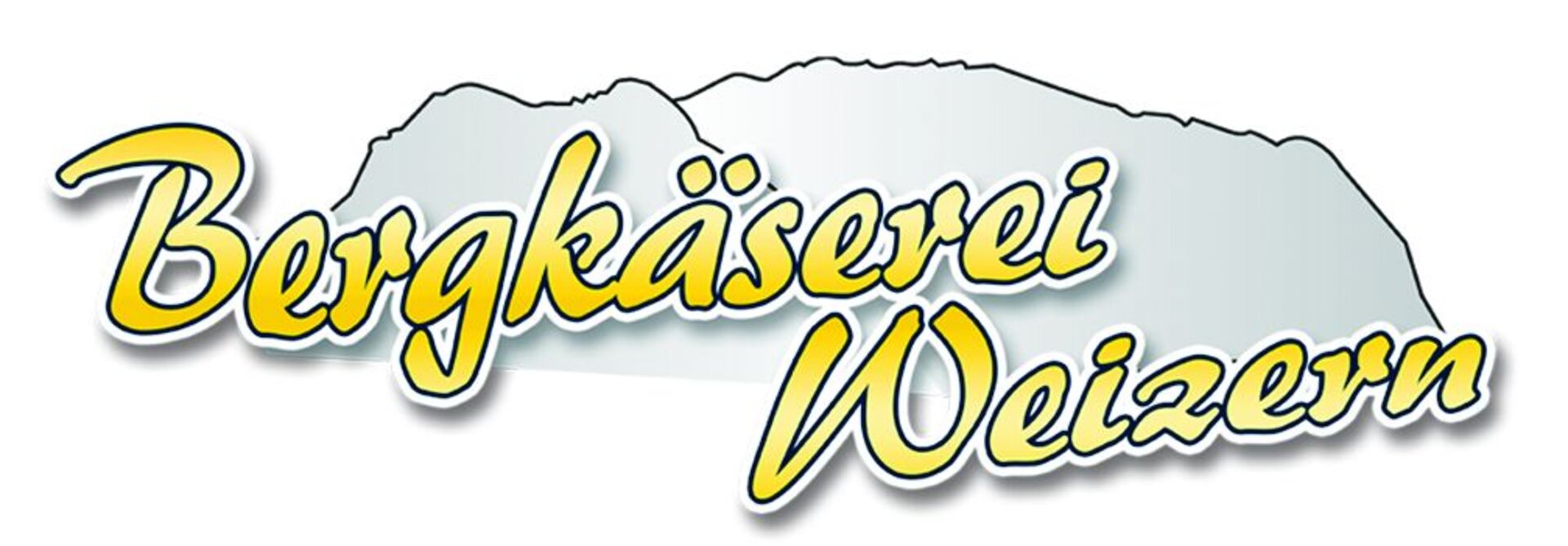Logo der Bergkäserei Weizern. Gelber Schriftzug vor einem grauen Berg.
