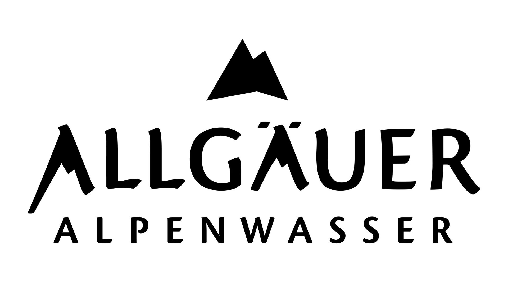 Logo. schwarzer Schriftzug Allgäuer Alpenwasser und darüber ein kleiner Berg in schwarz mit zwei Gipfeln